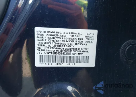 2016 Honda Pilot Elite z USA, uszkodzony, nr VIN 5FNYF6H00GB073552